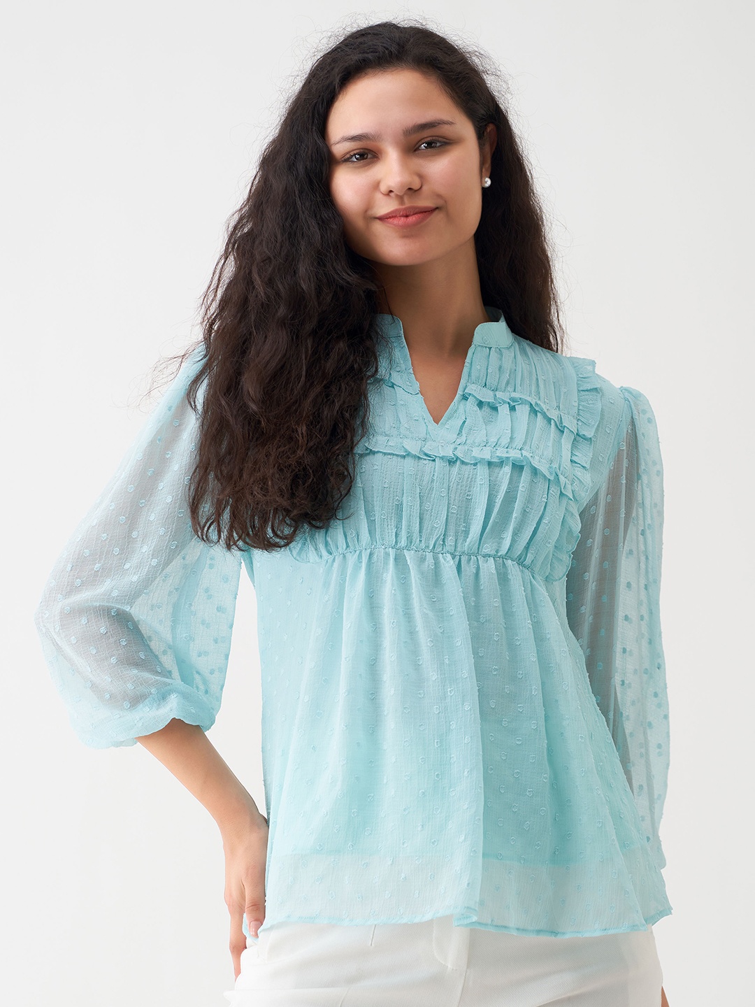 

AASK Self Design Puff Sleeves Mandarin Collar Ruffled Gathered A-Line Top, Blue