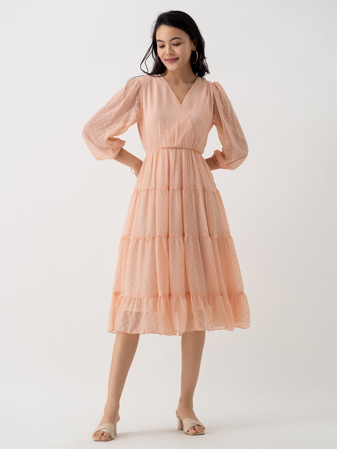 

AASK Self Design Gathered Tiered Fit & Flare Midi Dress, Peach