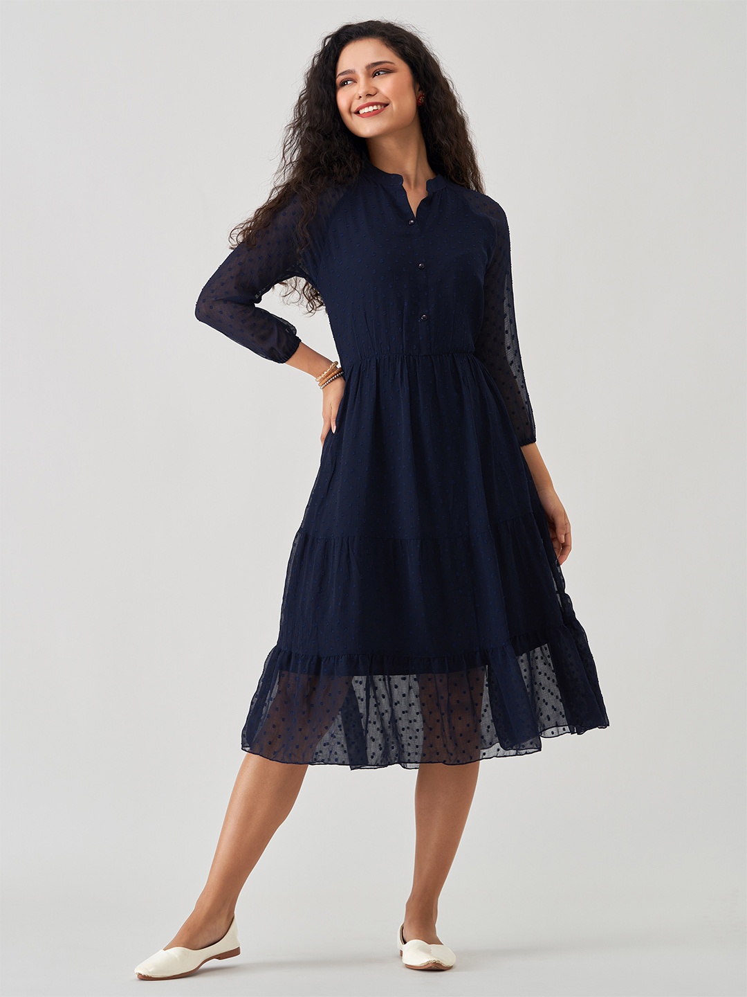 

AASK Self Design Fit & Flare Crepe Midi Dress, Navy blue