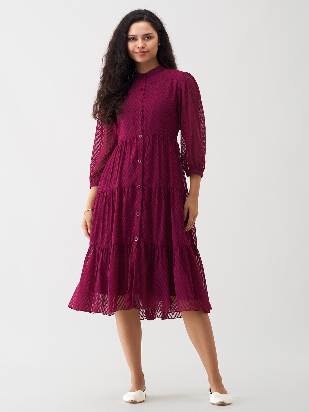 

AASK Self Design Crepe A-Line Puff Sleeves Midi Dress With Shrug, Purple