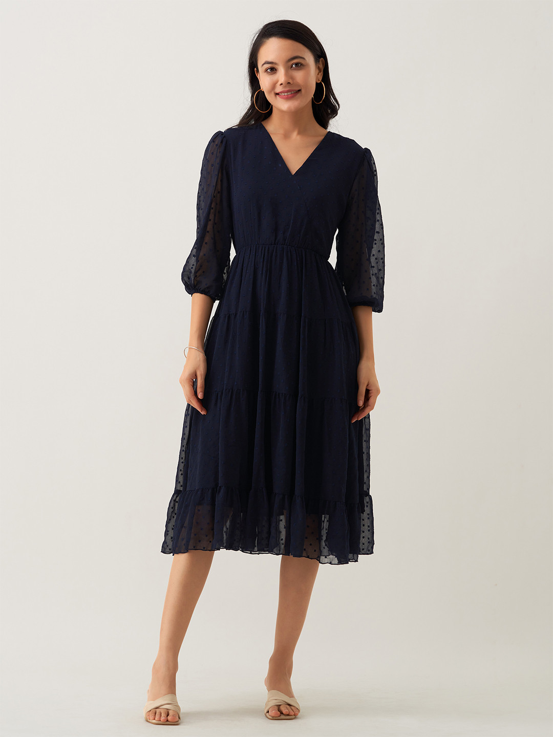 

AASK Puff Sleeves Crepe Fit & Flare Tiered Midi Dress, Navy blue