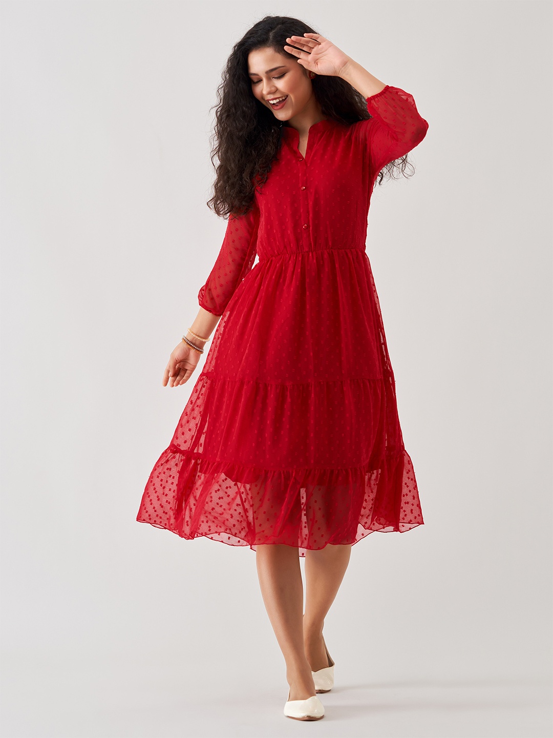 

AASK Puff Sleeve Crepe Fit & Flare Midi Dress, Red