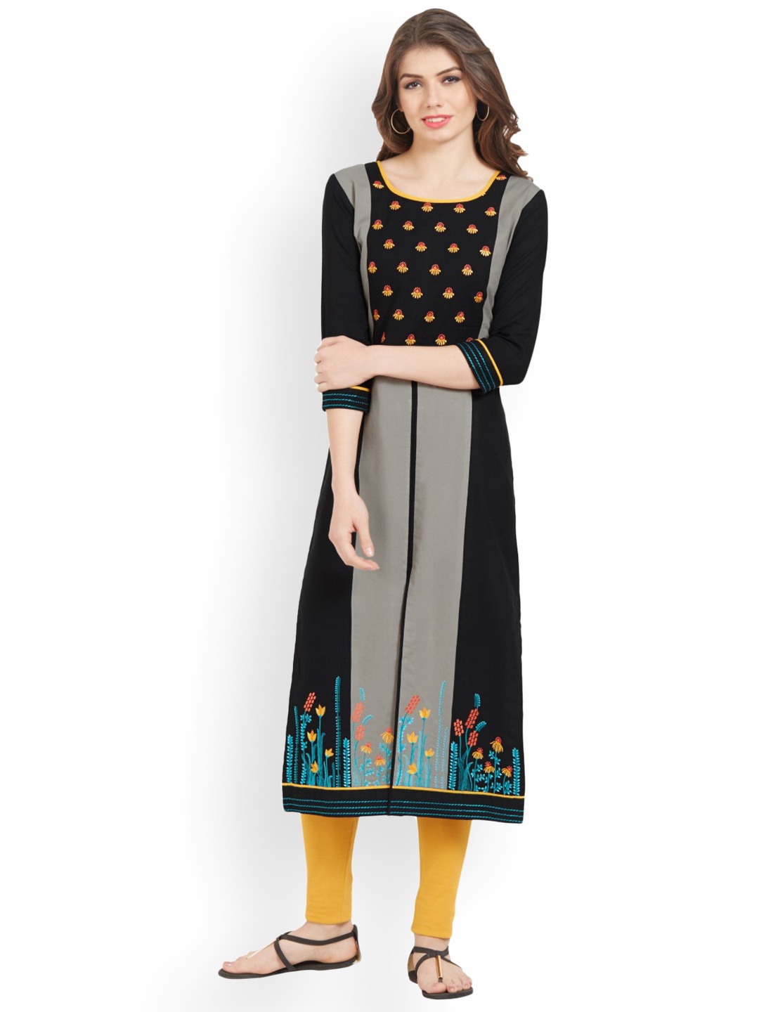 

Kvsfab Women Black & Grey Embroidered Straight Kurta