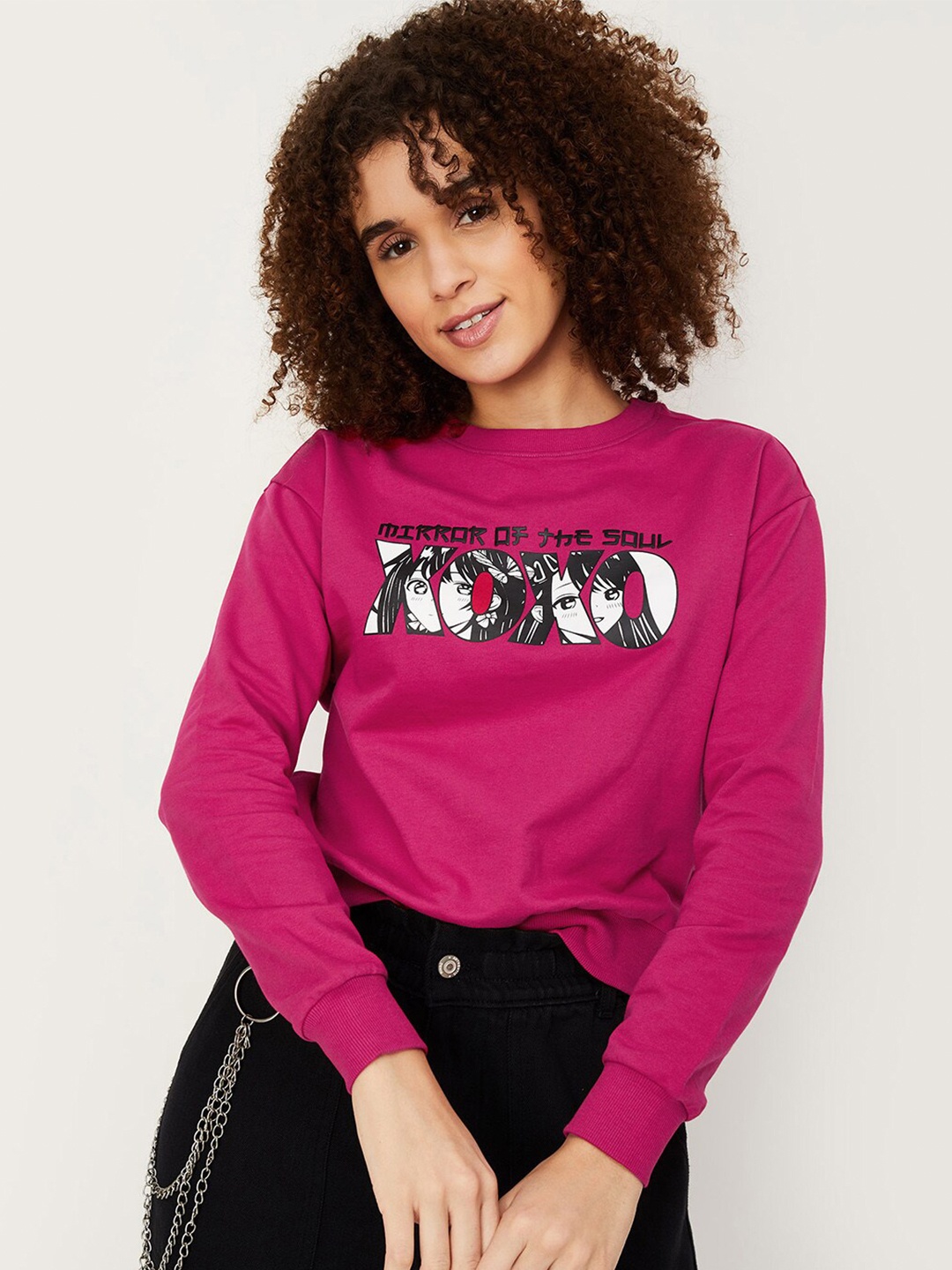 

max Typography Printed Round Neck Cotton Pullover Sweatshirt, Fuchsia