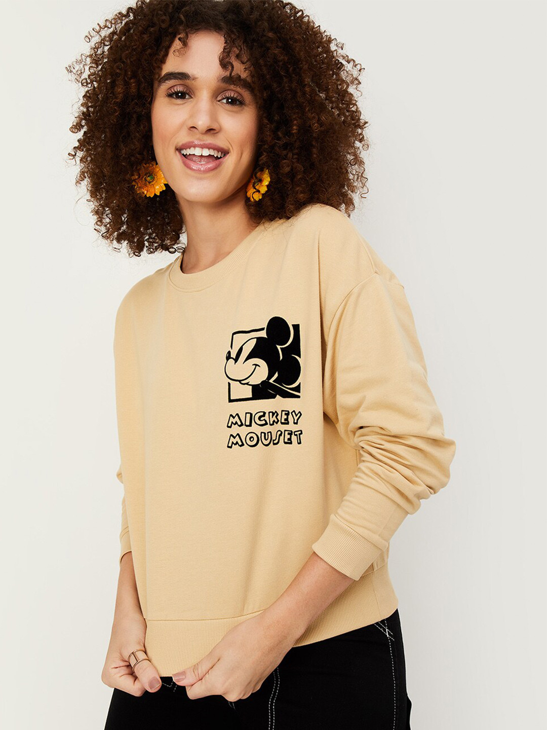 

max Mickey Mouse Printed Cotton Pullover, Beige