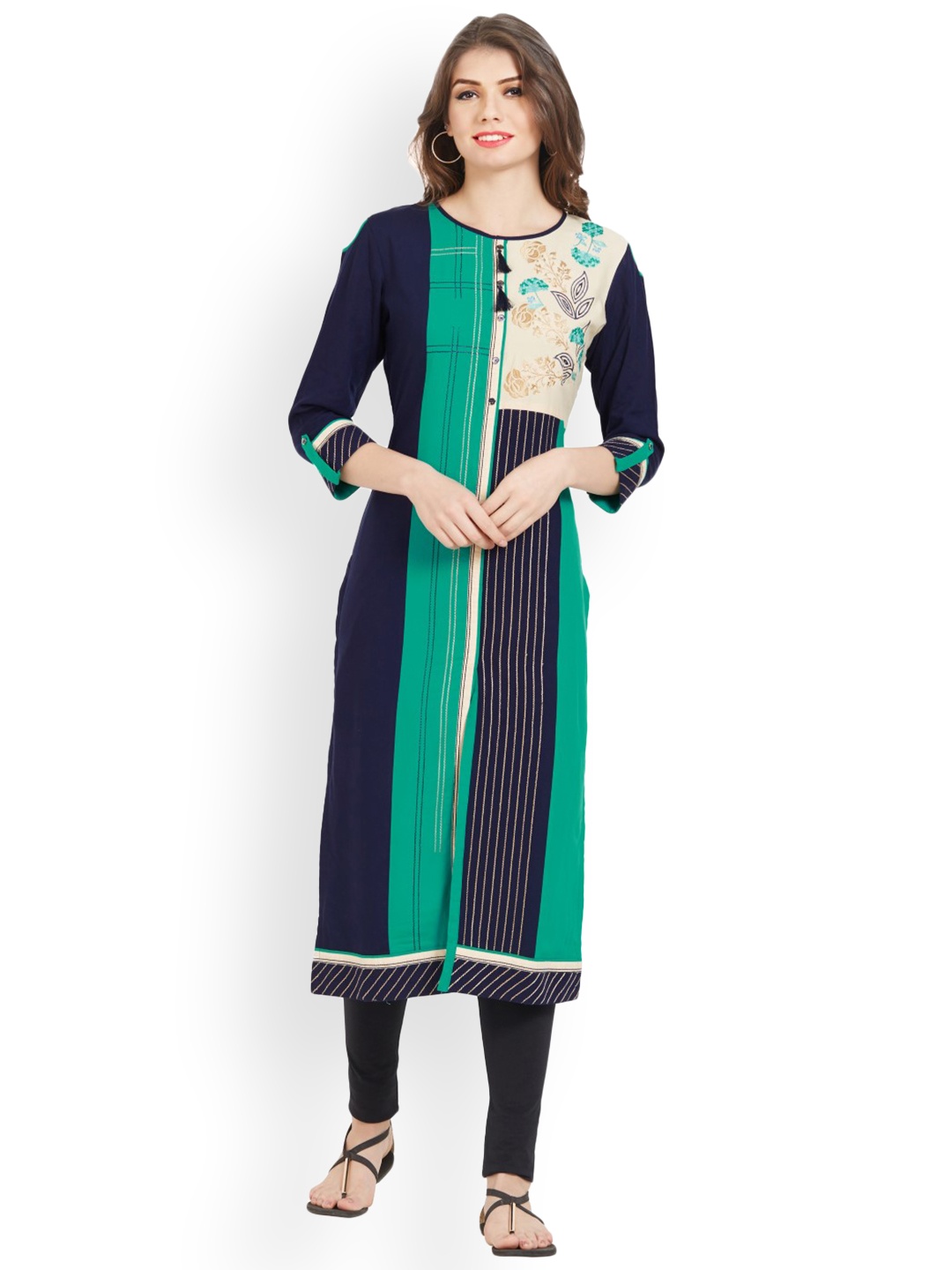 

Kvsfab Women Green & Navy Blue Embroidered Straight Kurta