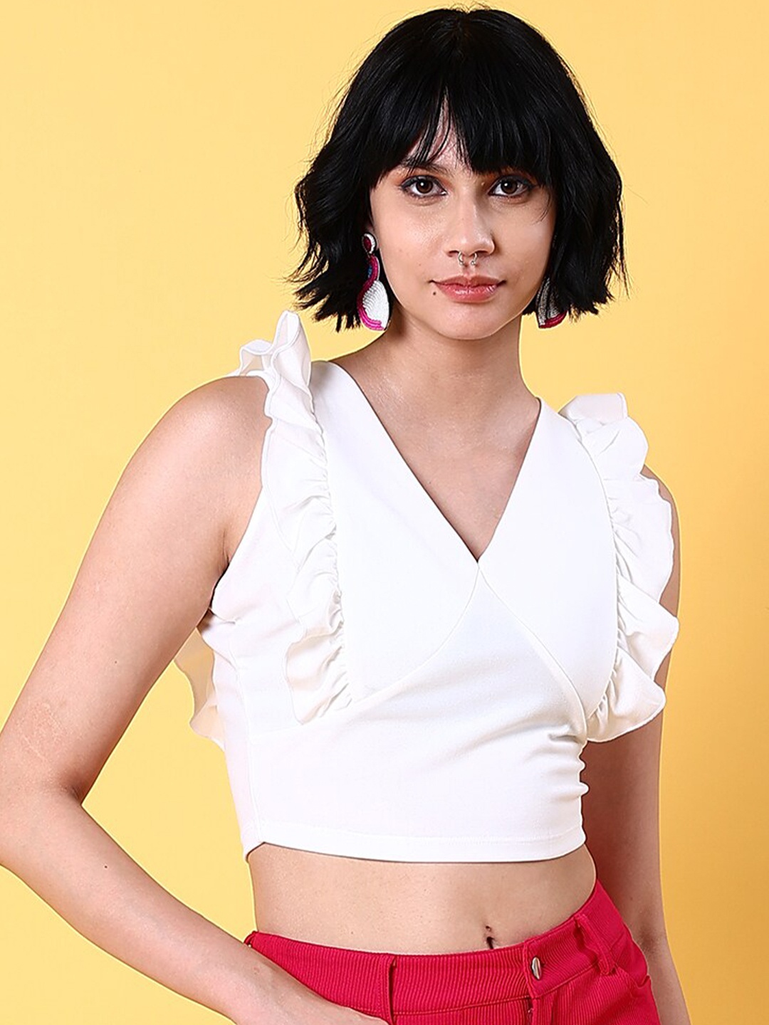 

Freehand by The Indian Garage Co White V-Neck Flutter Sleeves Crop Top