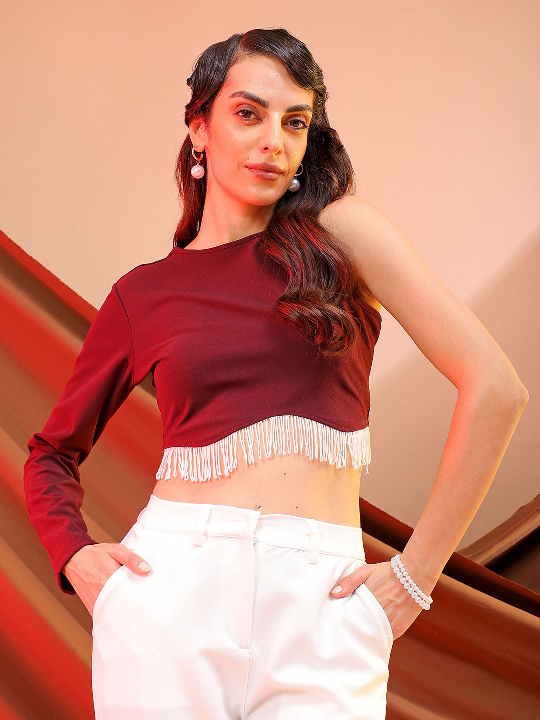 

Freehand by The Indian Garage Co One Shoulder Fitted Crop Top, Red