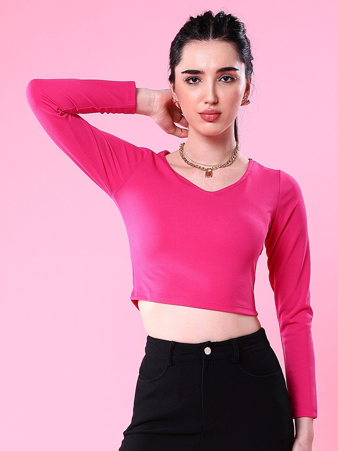 

Freehand by The Indian Garage Co Round Neck Fitted Crop Top, Pink
