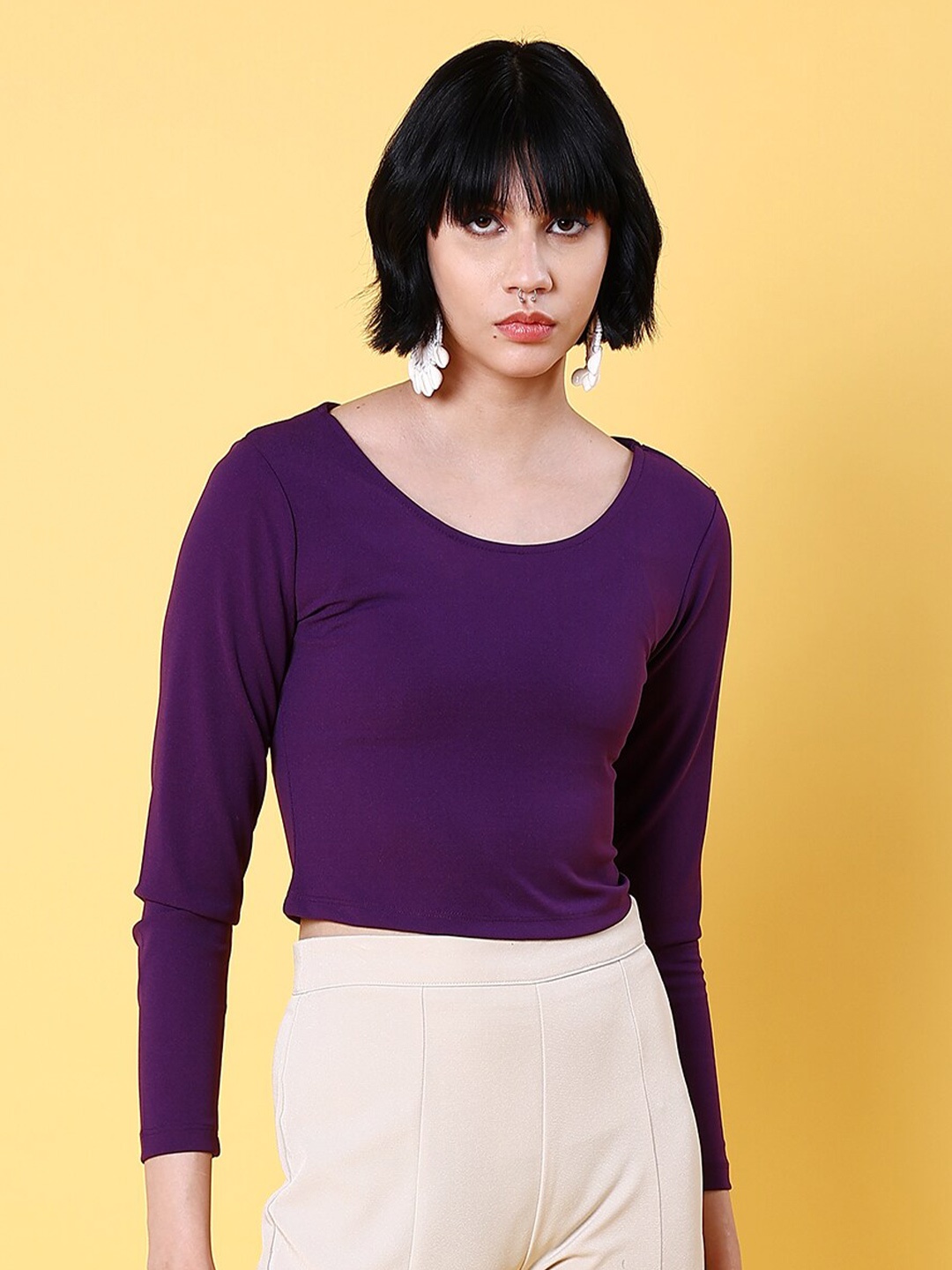 

Freehand by The Indian Garage Co Purple Round Neck Long Sleeves Styled Back Top