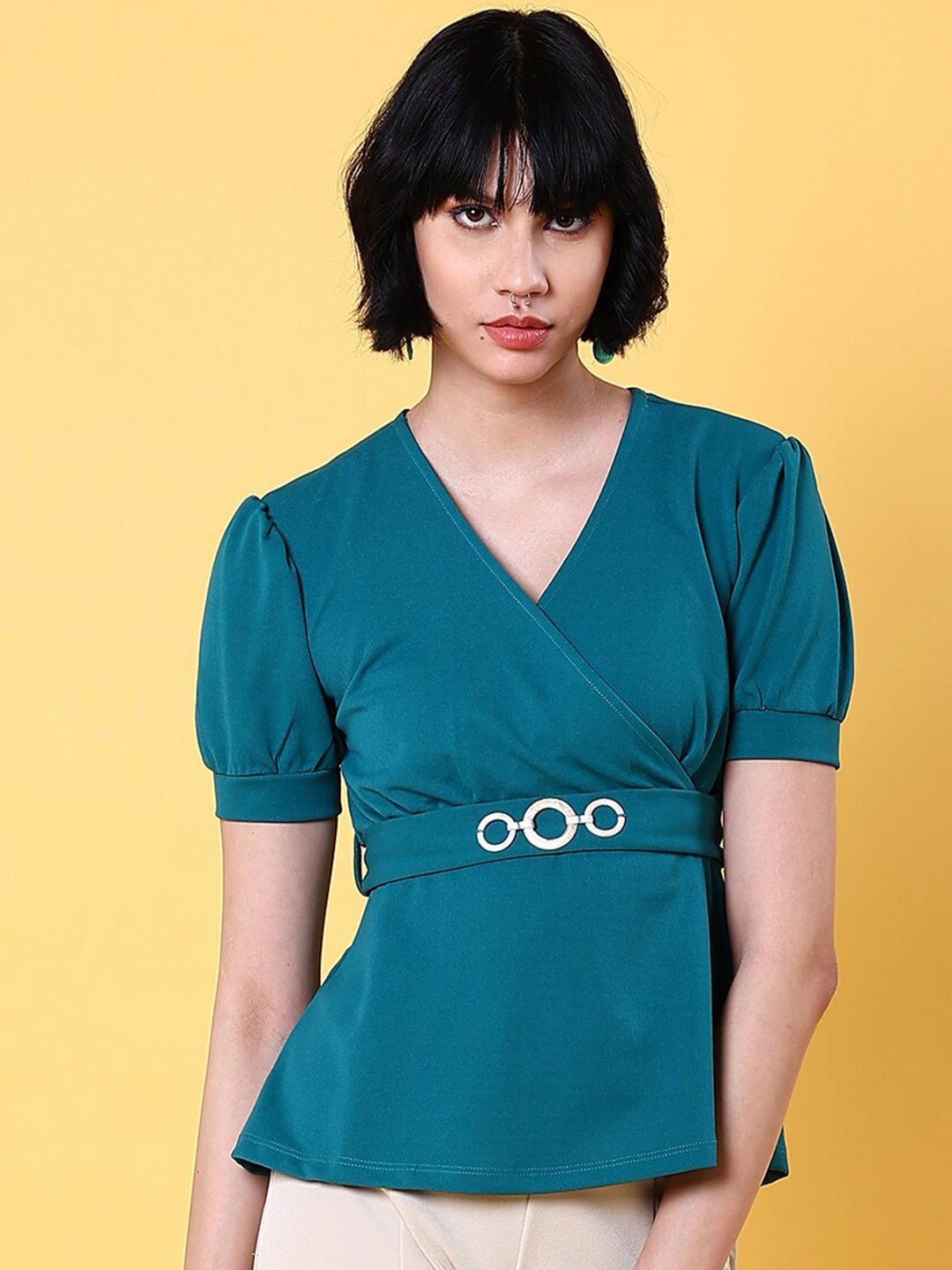 

Freehand by The Indian Garage Co V-Neck Puff Sleeve Waist Tie-Ups Regular Top, Green