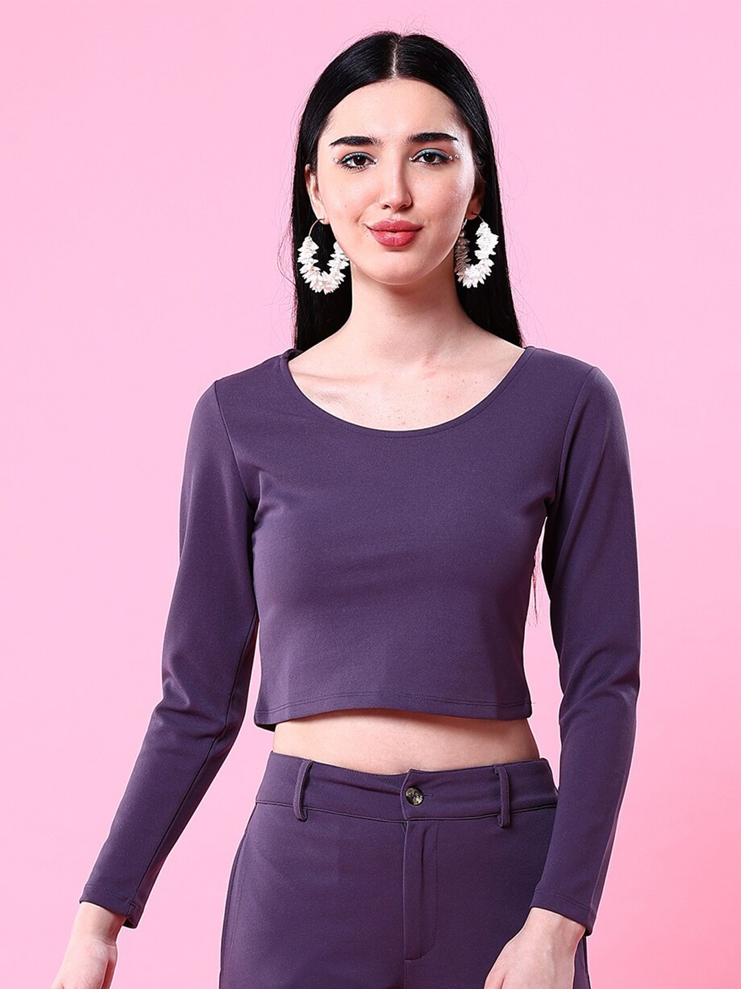 

Freehand by The Indian Garage Co Long Sleeves Fitted Crop Top, Purple