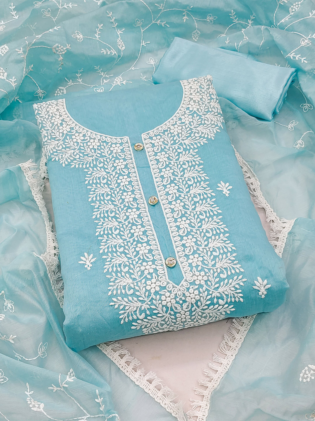 

KALINI Floral Embroidered Unstitched Dress Material, Turquoise blue
