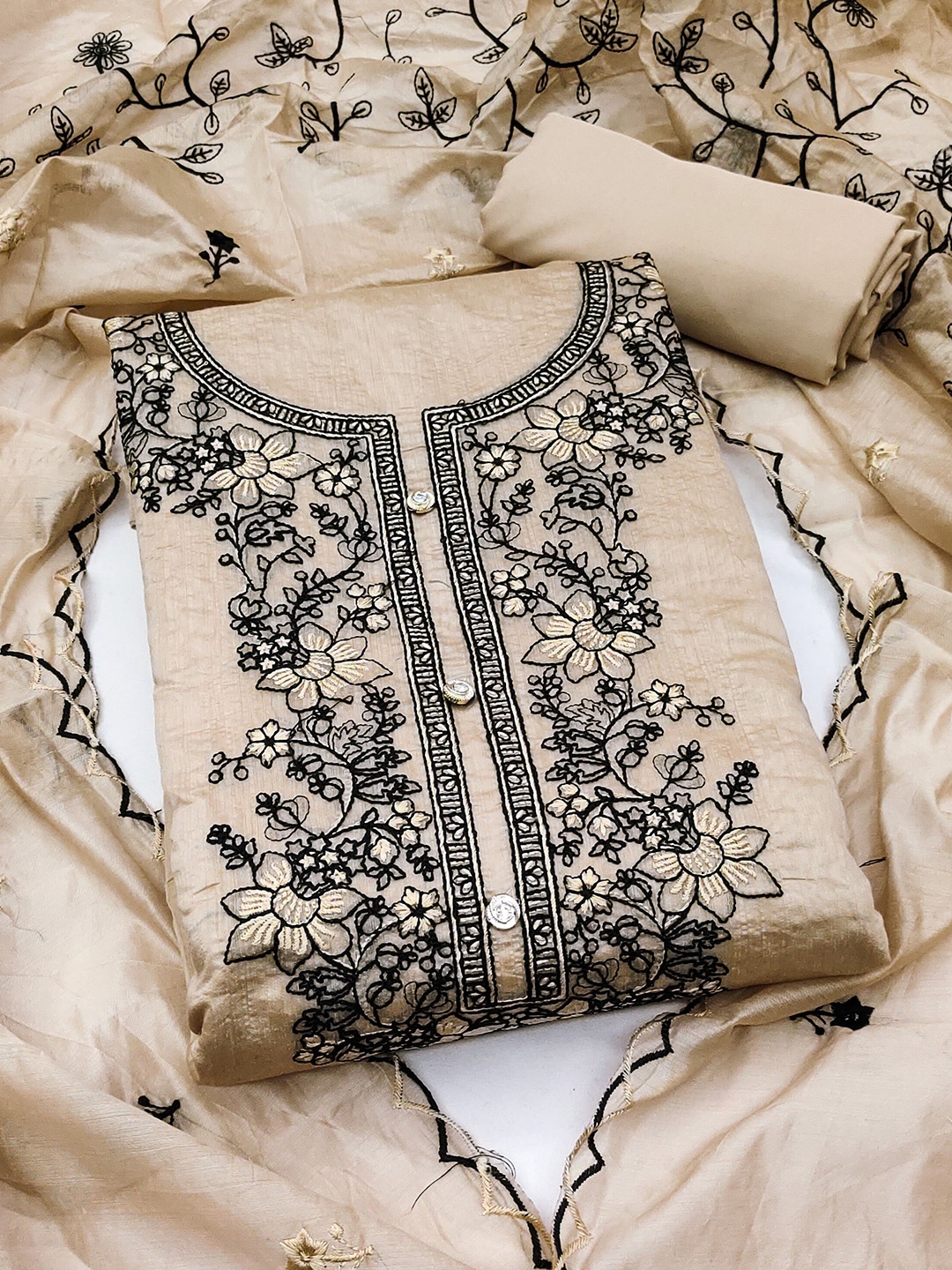 

KALINI Ethnic Motifs Embroidered Sequinned Unstitched Dress Material, Beige