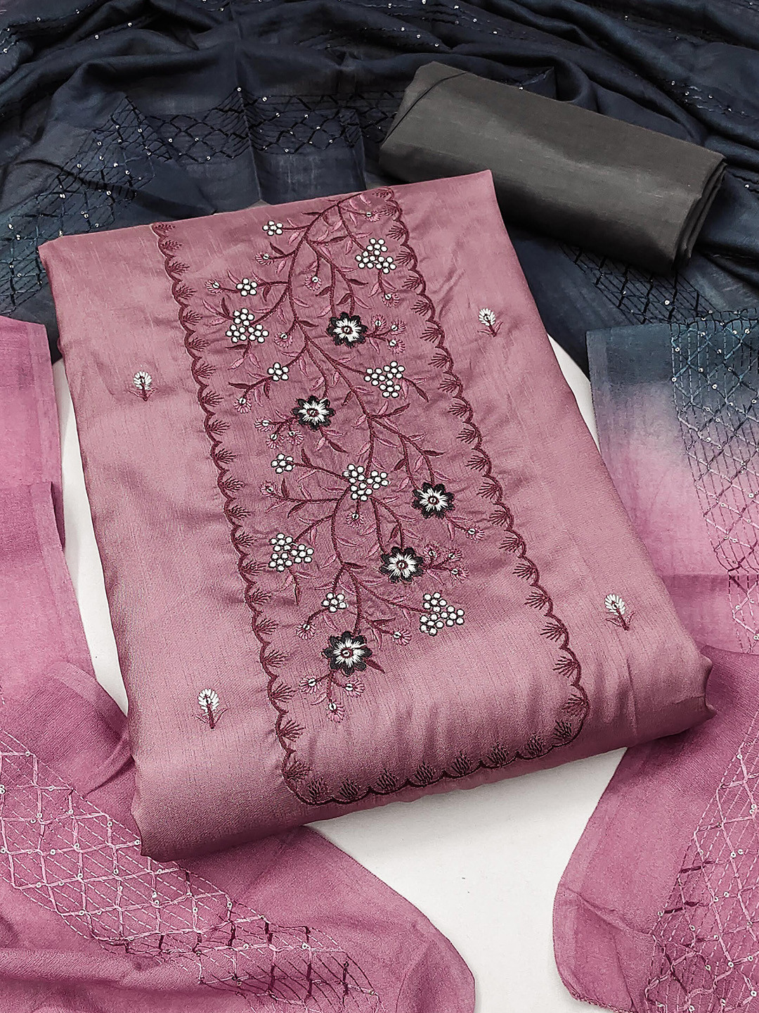 

KALINI Embroidered Unstitched Dress Material, Pink