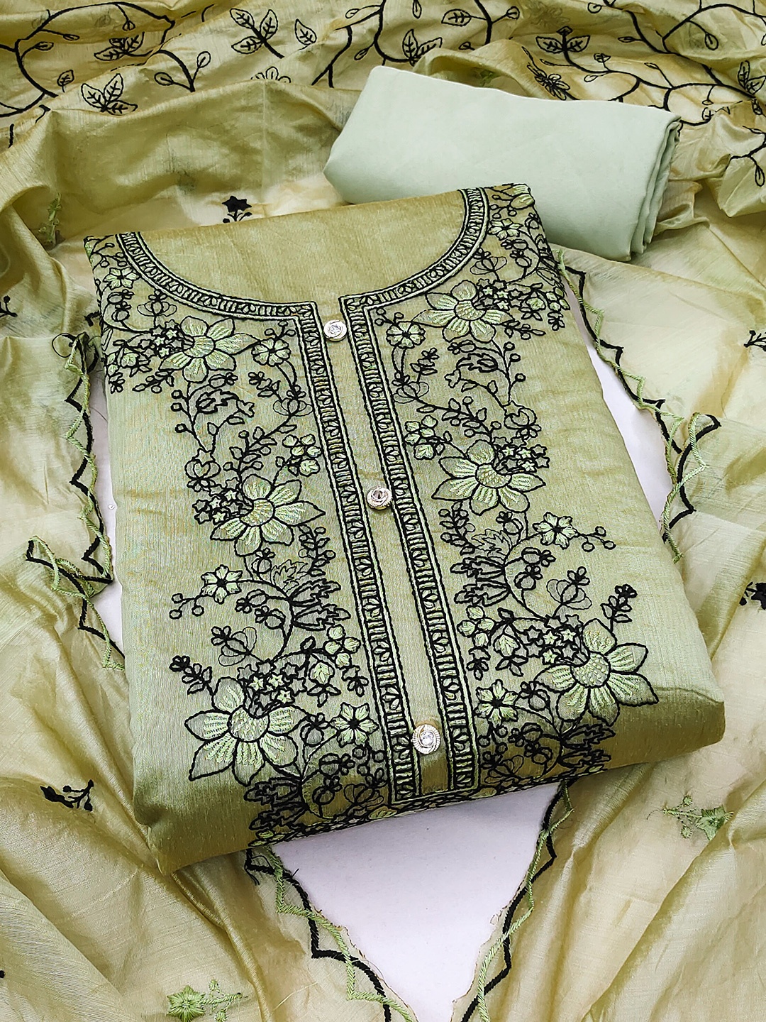 

KALINI Floral Embroidered Unstitched Dress Material, Green