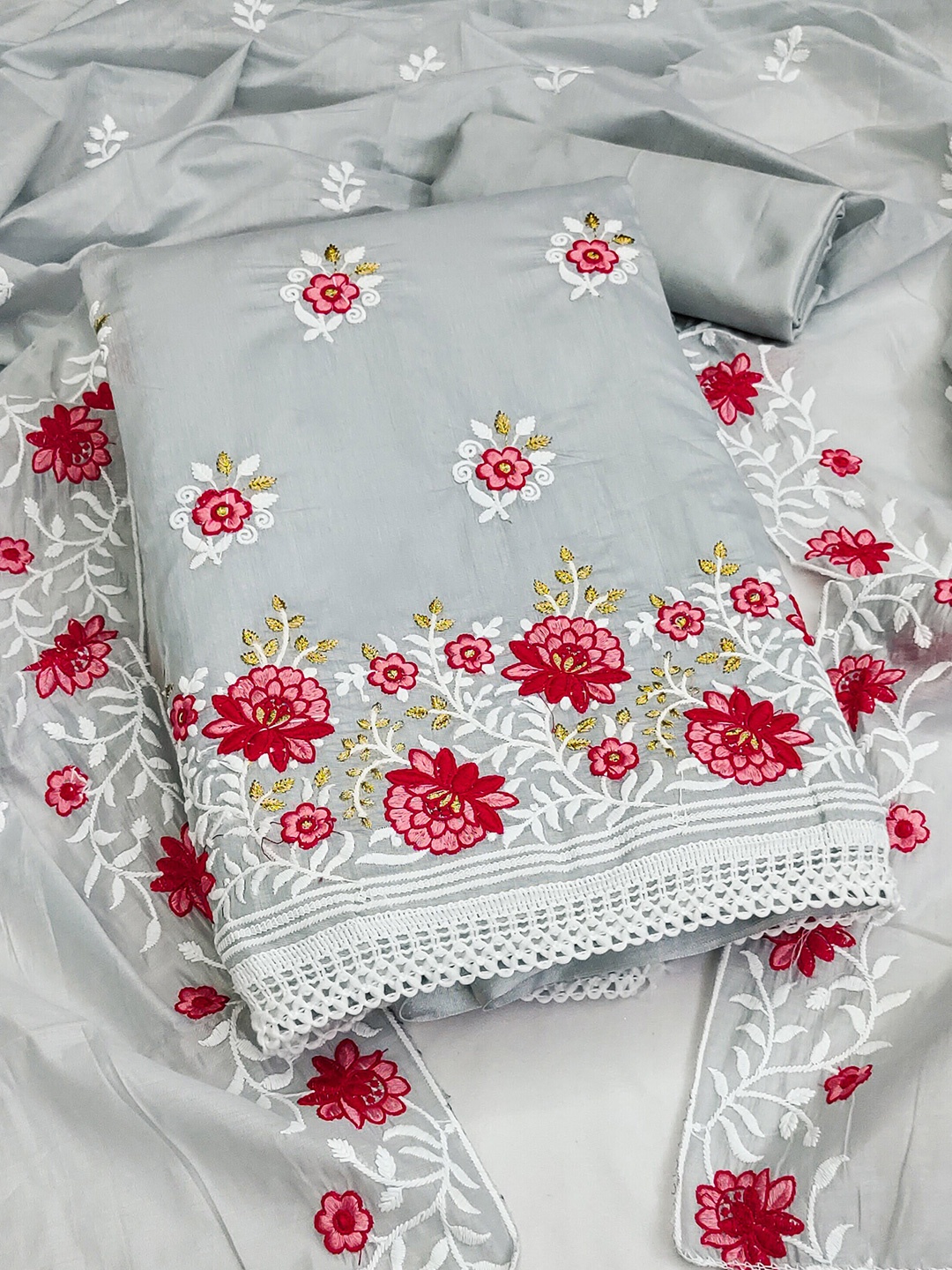 

KALINI Floral Embroidered Unstitched Dress Material, Grey