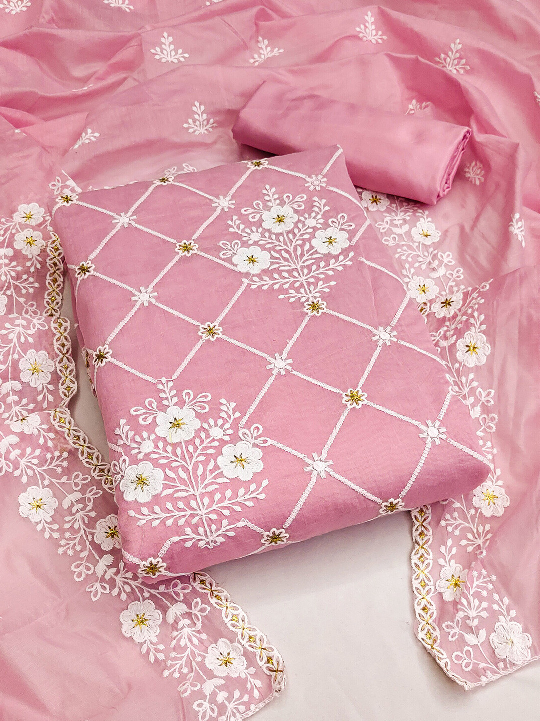 

KALINI Embroidered Unstitched Dress Material, Pink