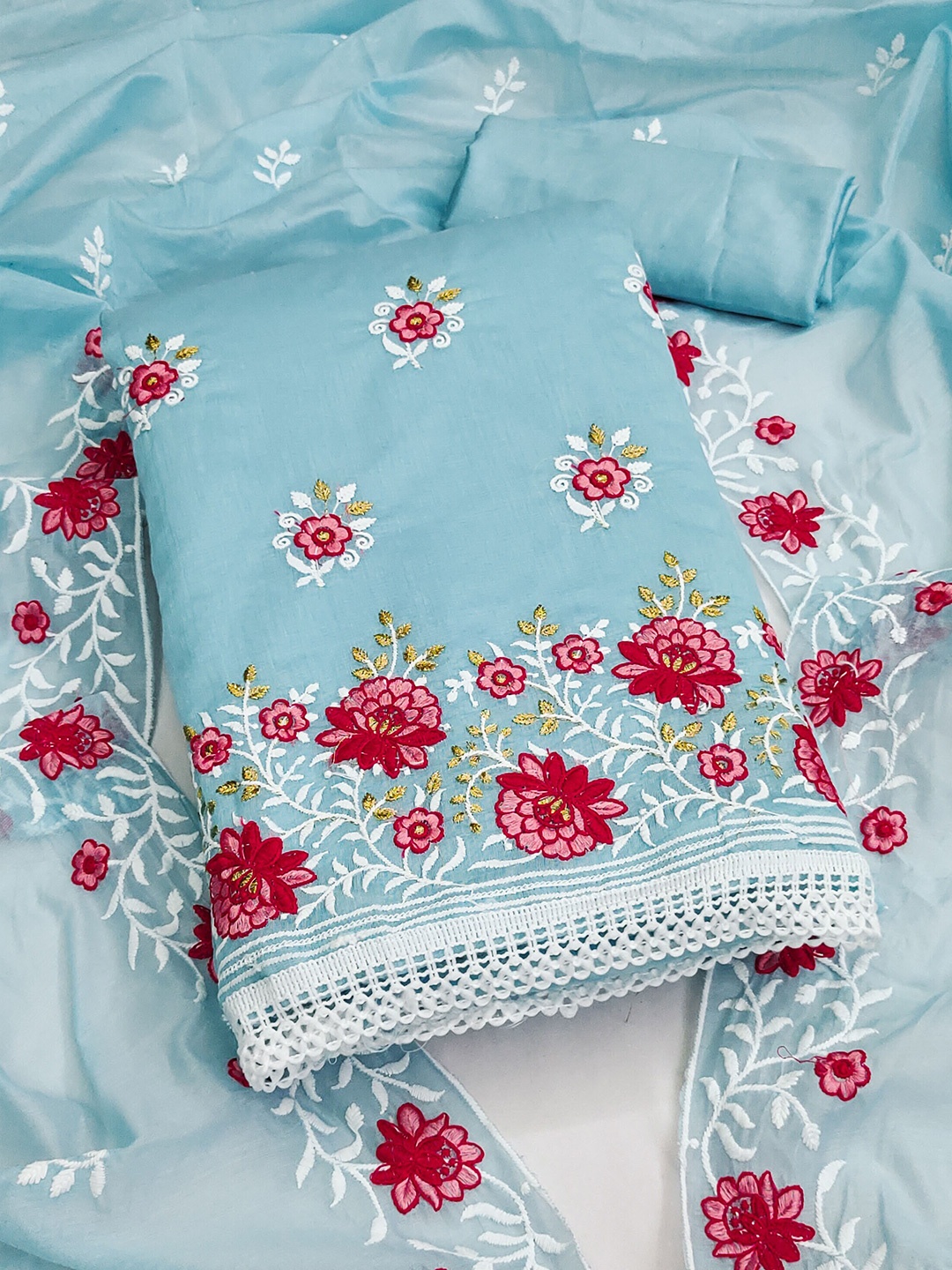 

KALINI Floral Embroidered Unstitched Dress Material, Teal