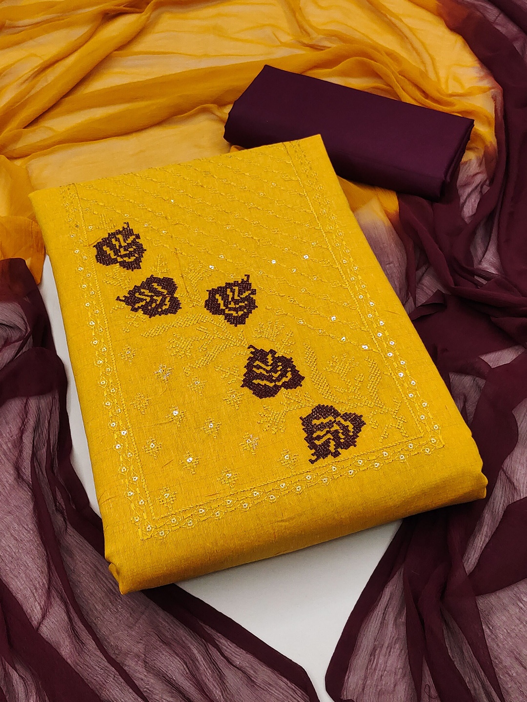 

KALINI Ethnic Motifs Embroidered Pure Cotton Unstitched Dress Material, Yellow