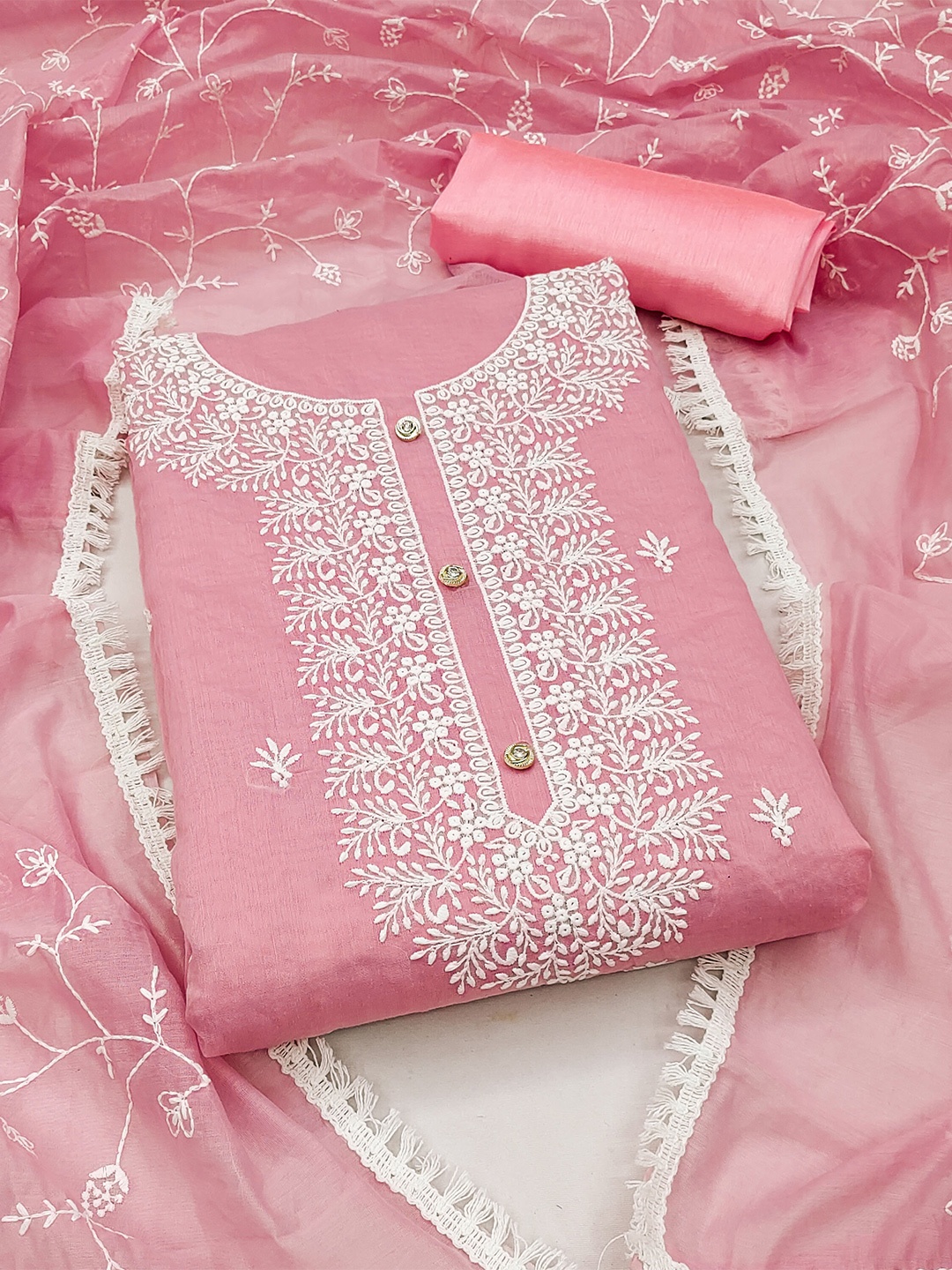 

KALINI Floral Embroidered Unstitched Dress Material, Pink