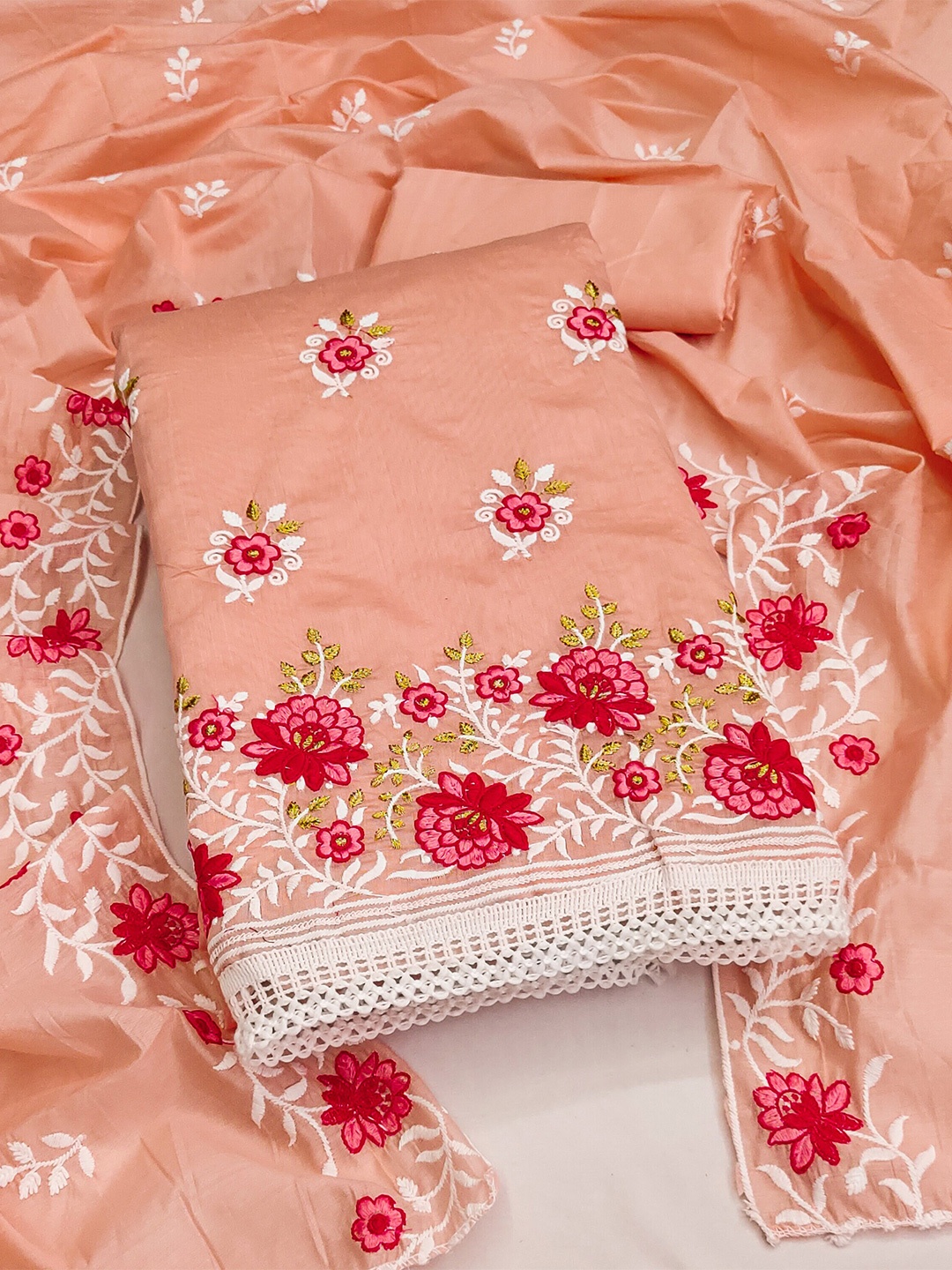 

KALINI Floral Embroidered Unstitched Dress Material, Peach