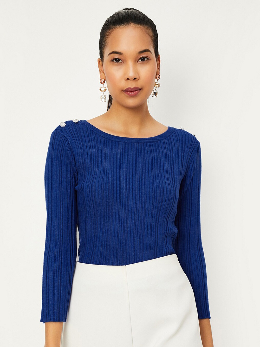 

max Vertical Striped Round Neck Top, Blue