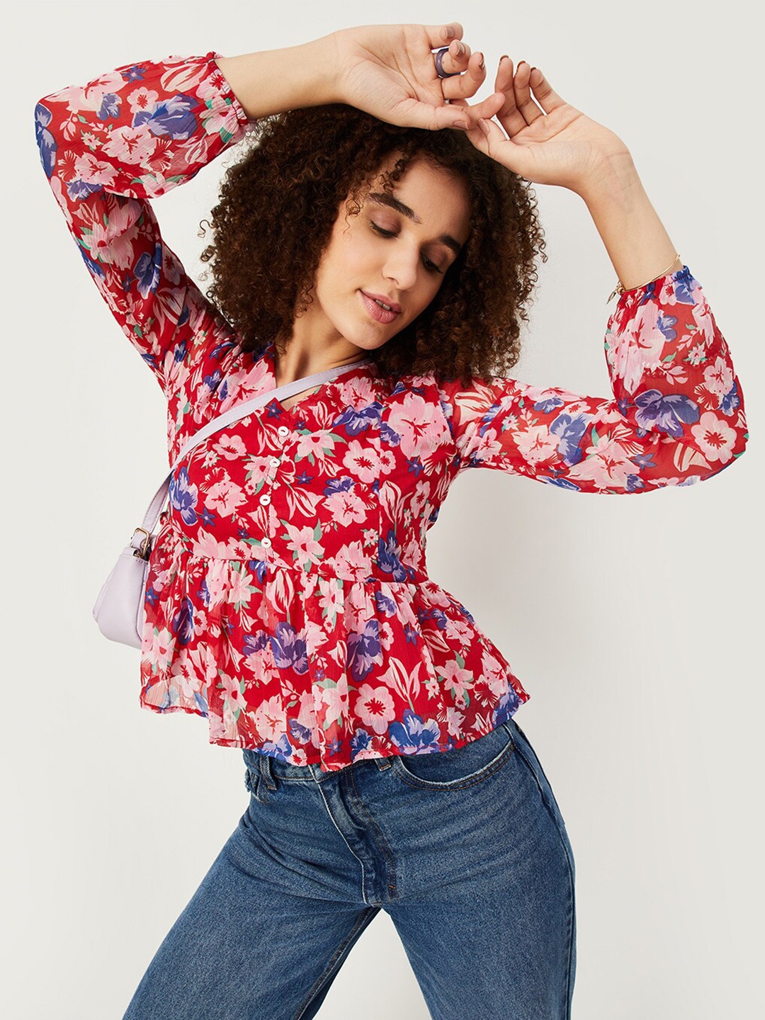 

max Floral Printed Puffed Sleeves Peplum Top, Red