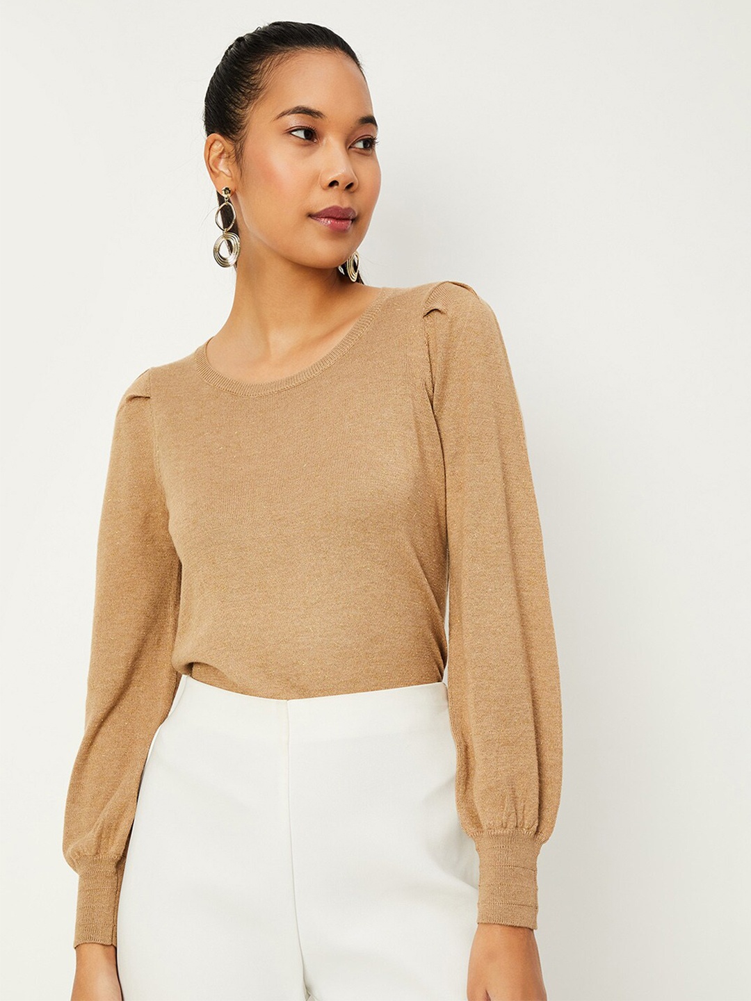 

max Self Design Puffed Sleeves Top, Beige