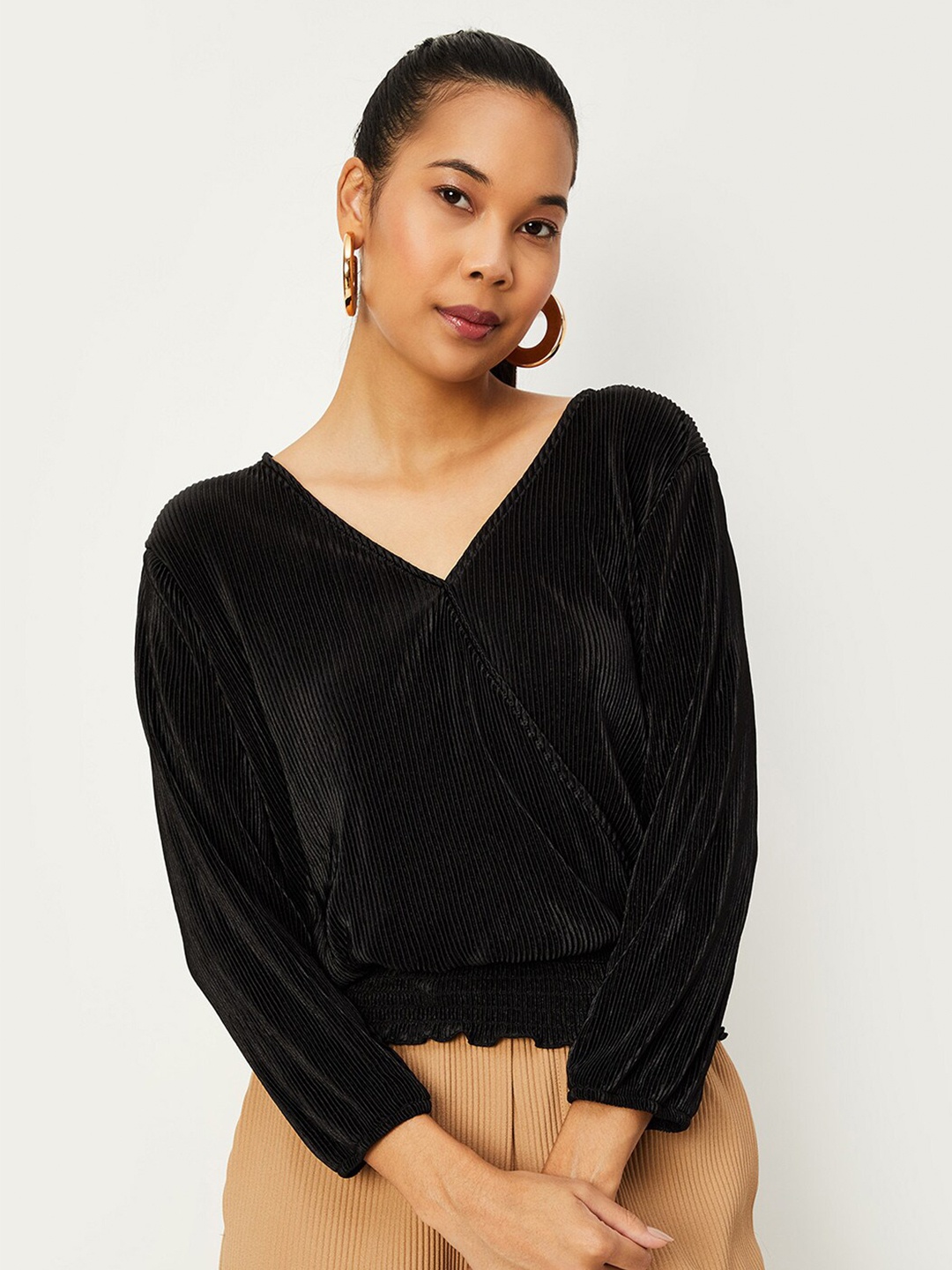 

max Self Design V-Neck Puff Sleeves Blouson Top, Black