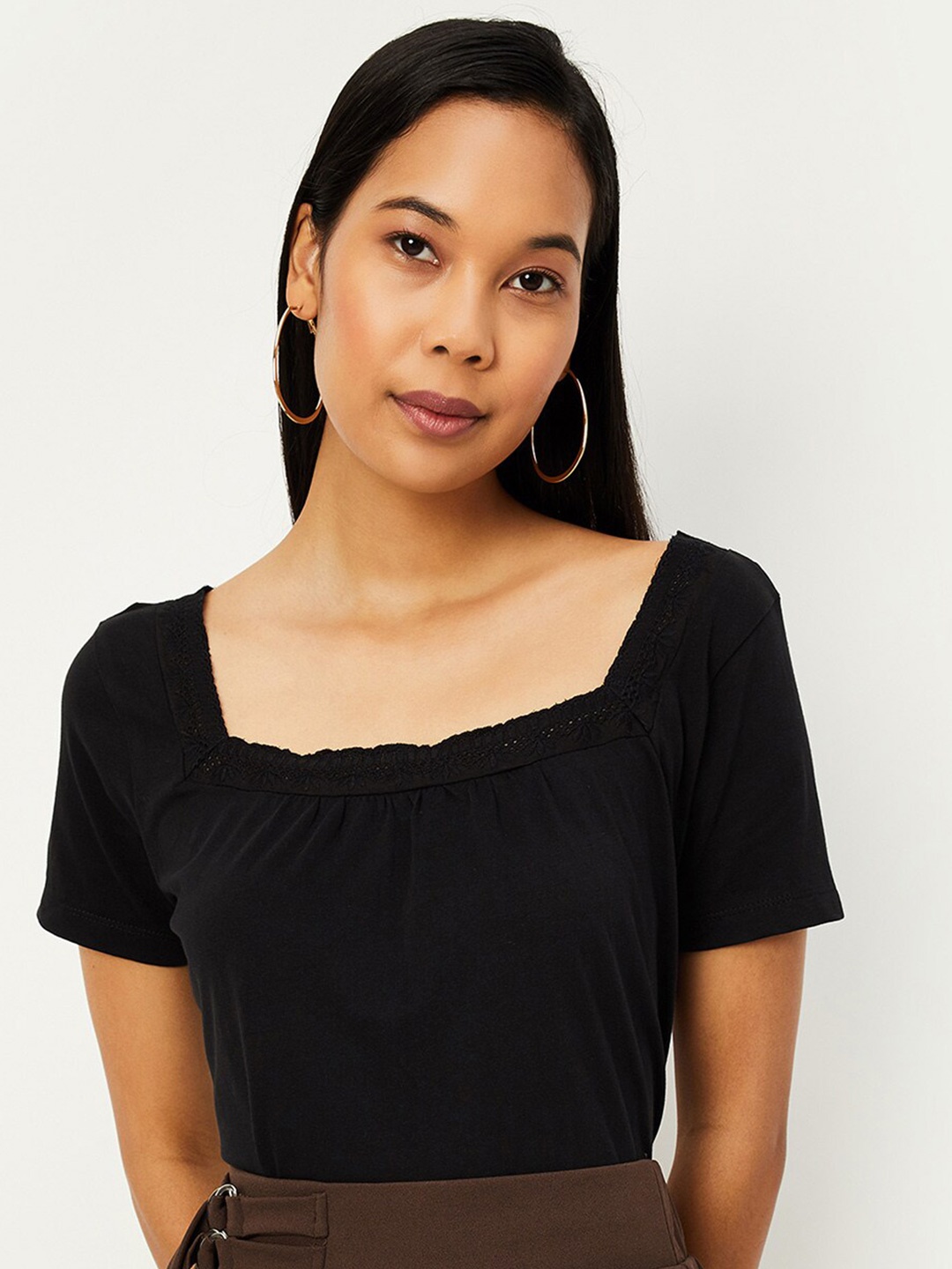 

max Square Neck Cotton Regular Top, Black