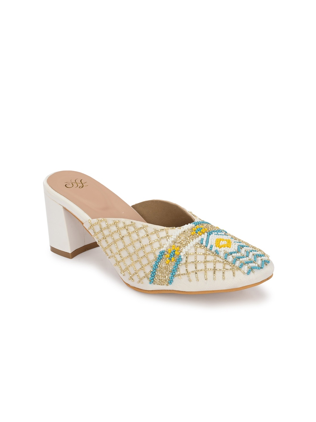 

House of Pataudi Ethnic Embellished Square Toe Block Mules, Off white