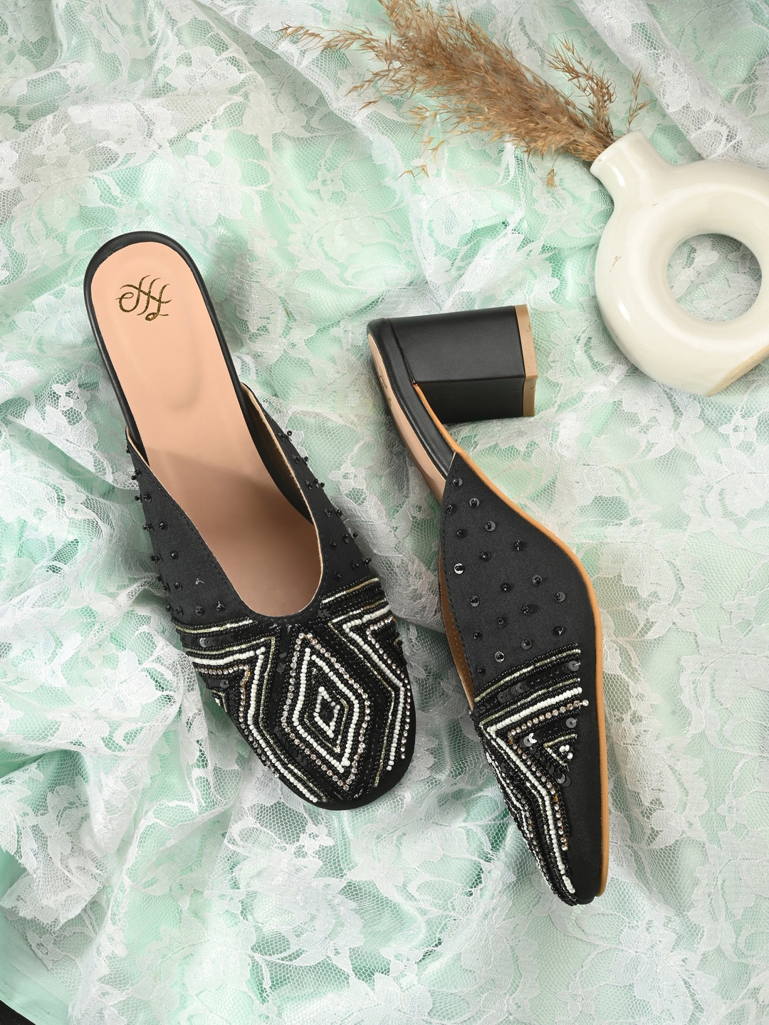 

House of Pataudi Ethnic Embellished Square Toe Block Mules, Black