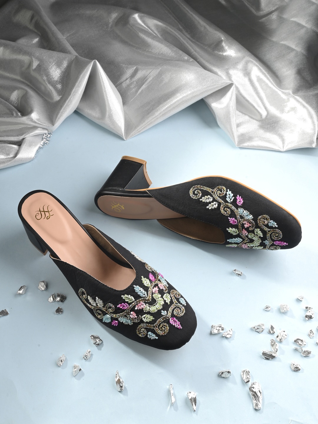 

House of Pataudi Embellished Mesh Block Mules, Black