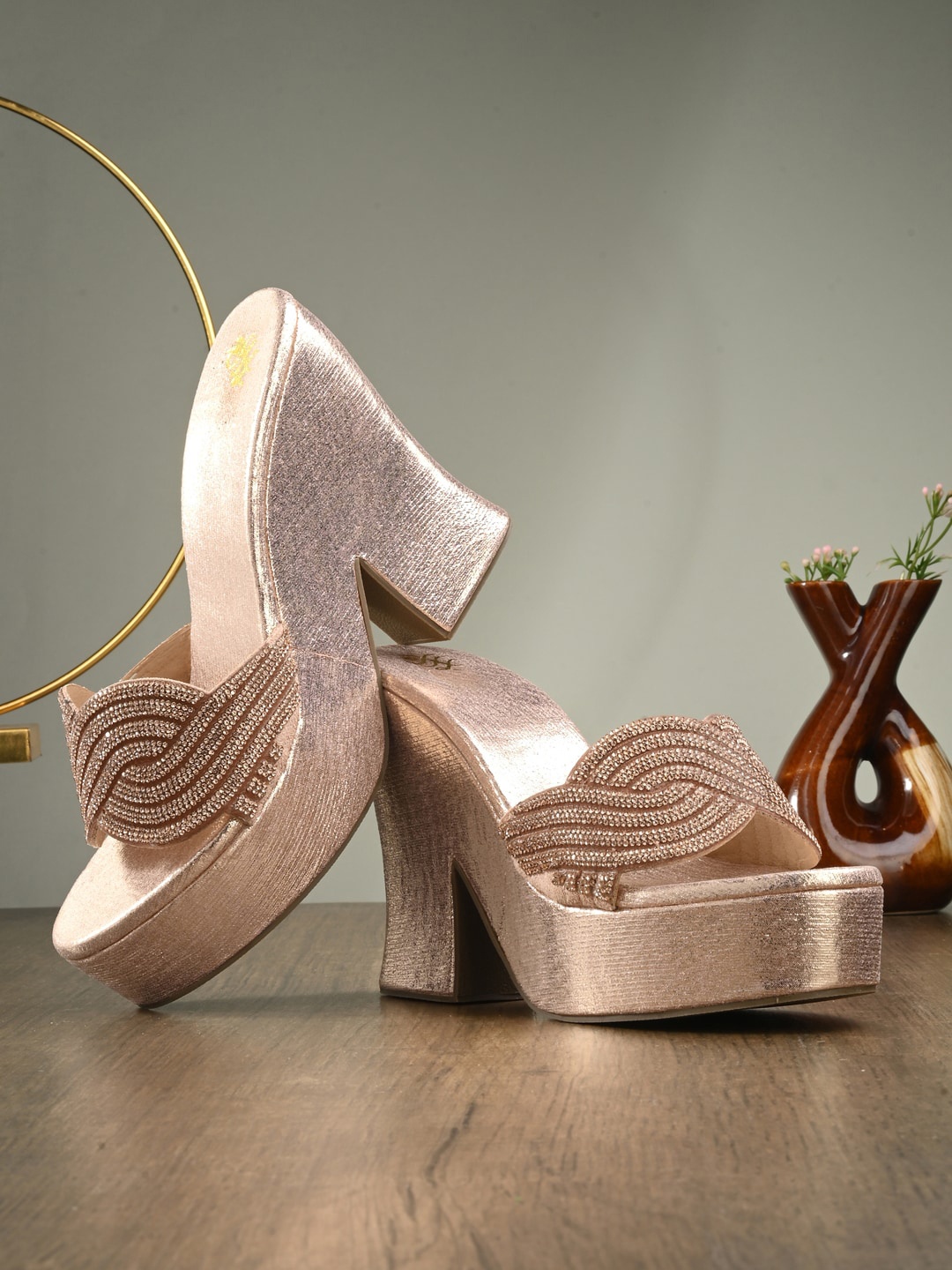

House of Pataudi Embellished Mesh Ethnic Block Heels, Gold