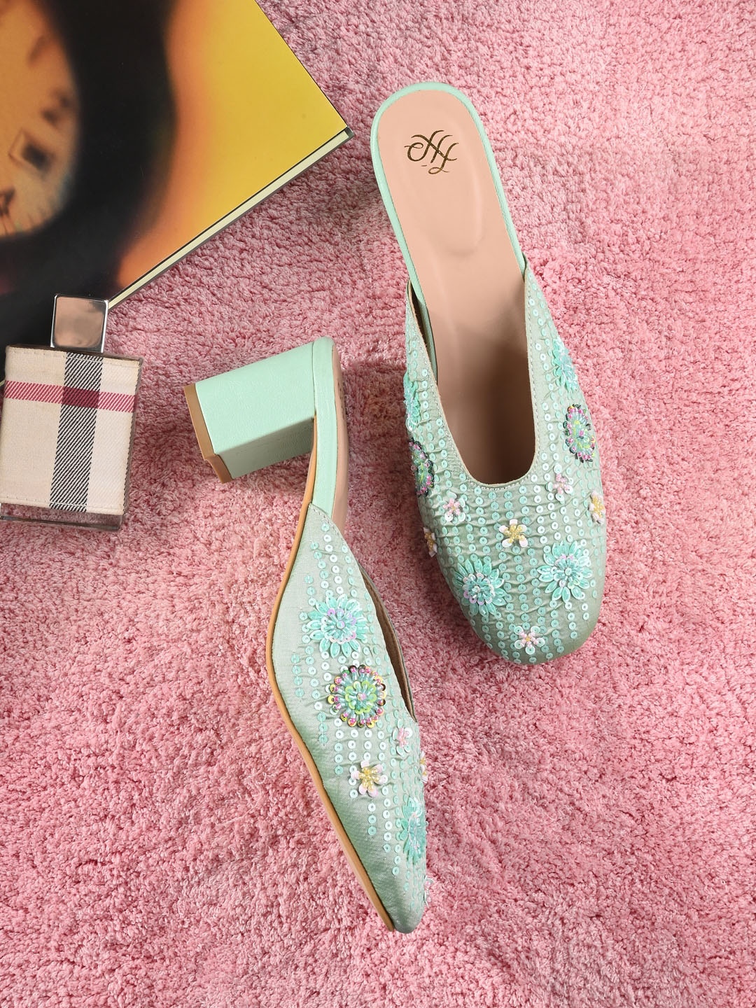 

House of Pataudi Ethnic Embellished Square Toe Block Mules, Sea green