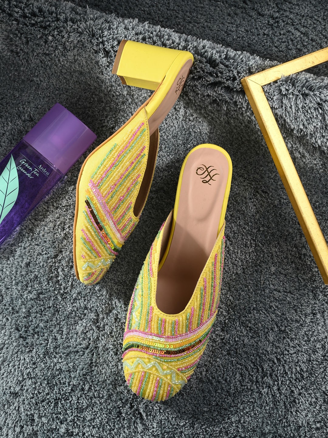 

House of Pataudi Embellished Ethnic Block Mules, Yellow