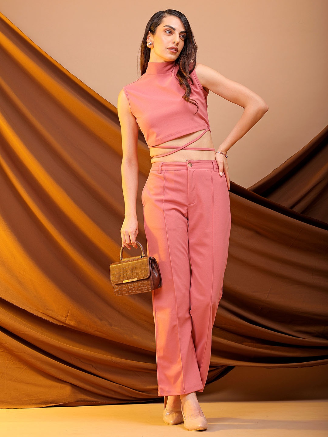 

Freehand by The Indian Garage Co Peach-Coloured High Neck Crop Top With Trousers