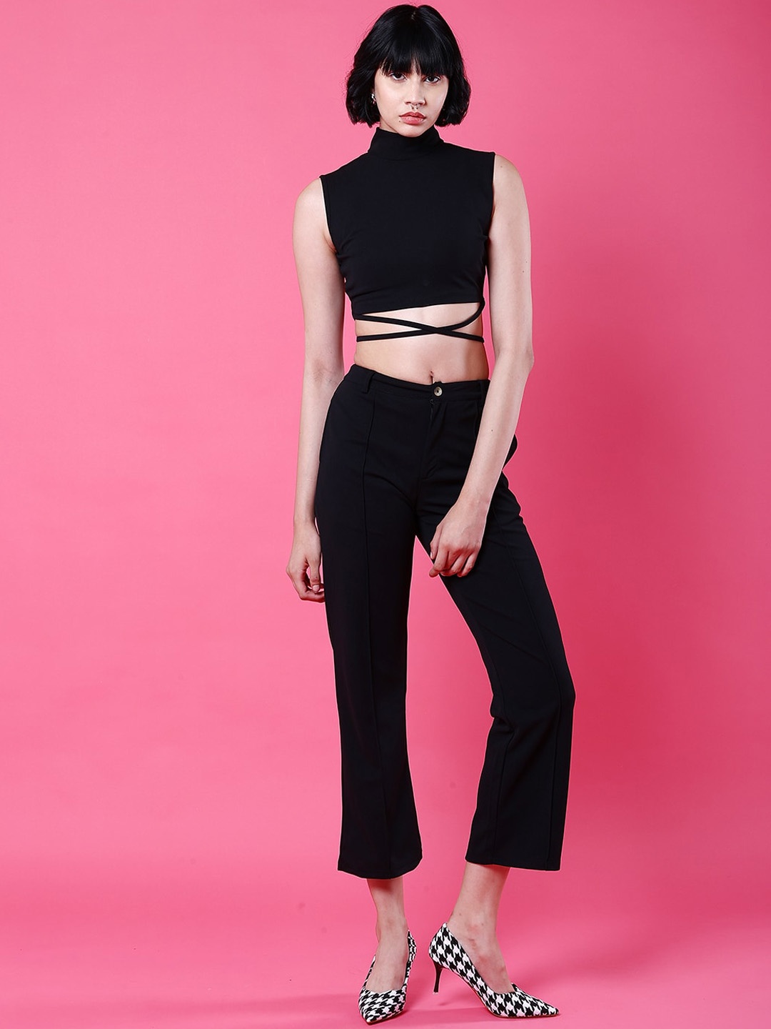 

Freehand by The Indian Garage Co Black High Neck Crop Top With Trousers