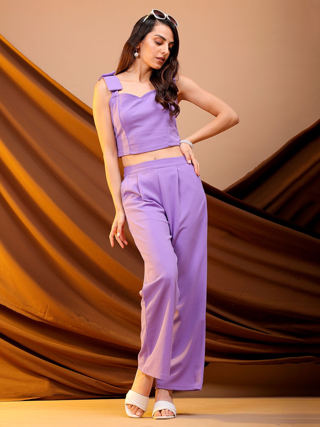 

Freehand by The Indian Garage Co Purple Shoulder Straps Crop Top With Trousers