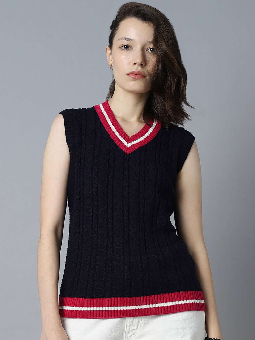 

High Star Cable Knit V-Neck Sleeveless Acrylic Pullover Sweaters, Navy blue