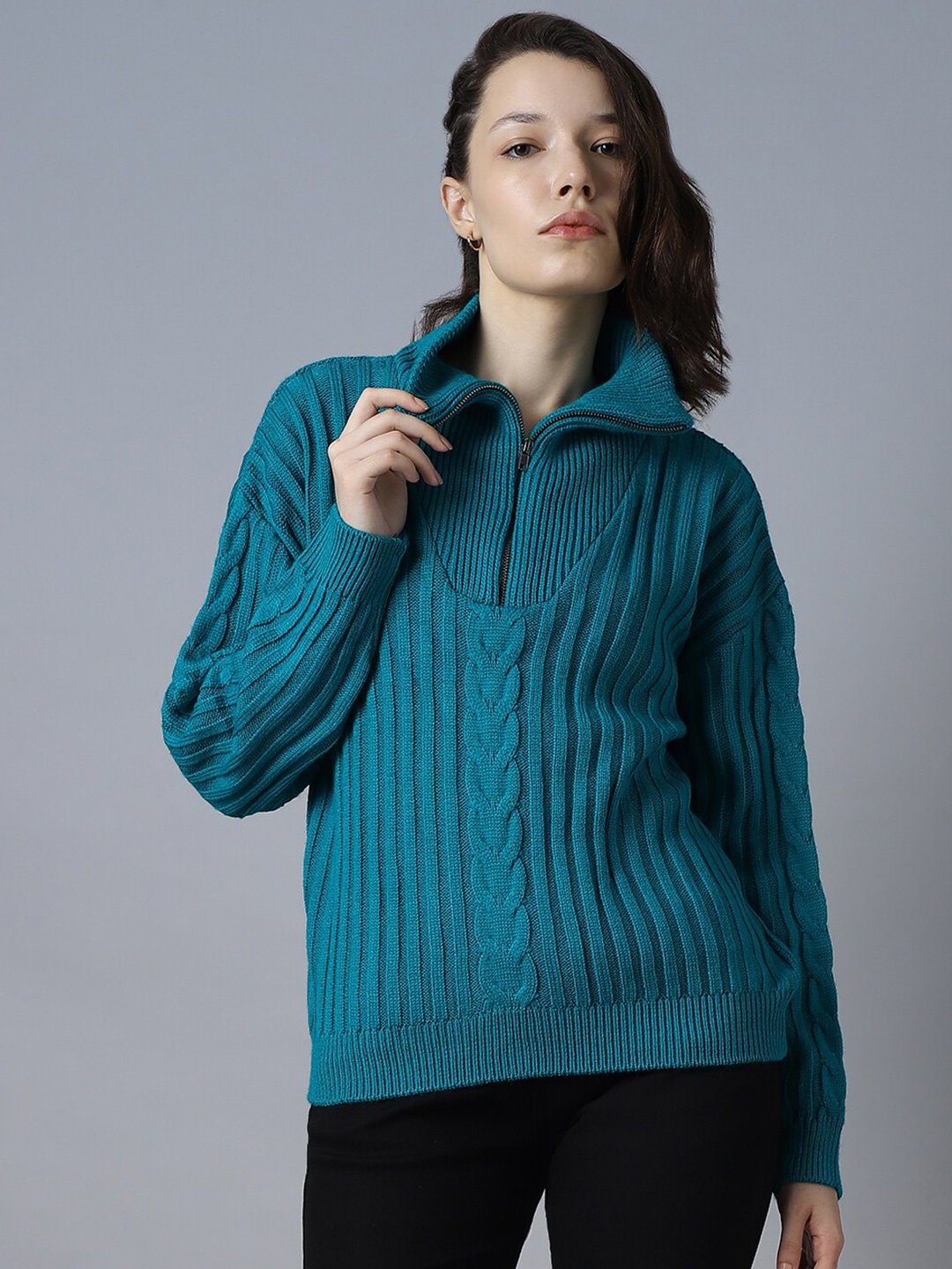 

High Star Cable Knit Acrylic Pullover, Teal