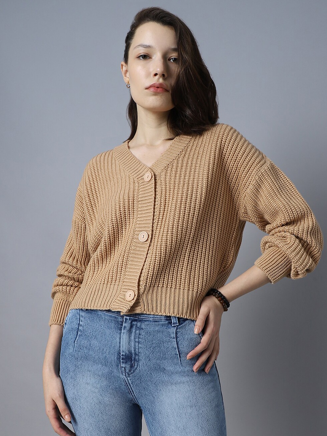 

High Star Ribbed V-Neck Long Sleeves Acrylic Cardigan Sweaters, Beige