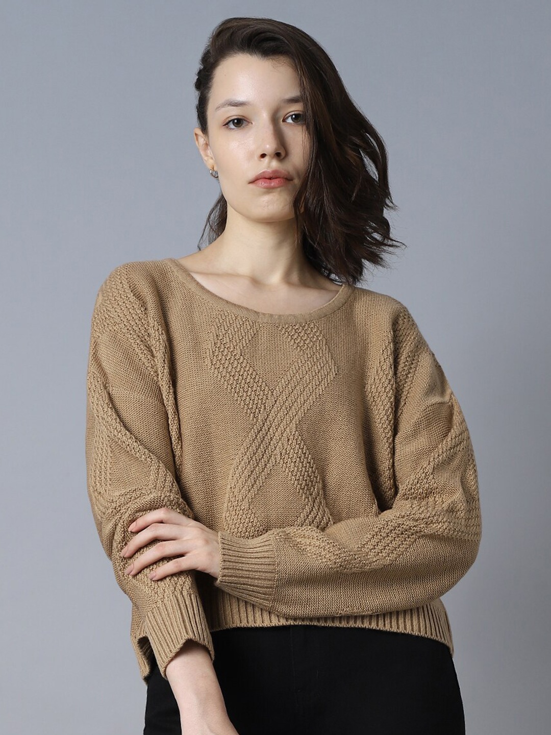

High Star Cable Knit Round Neck Long Sleeves Acrylic Pullover Sweaters, Beige