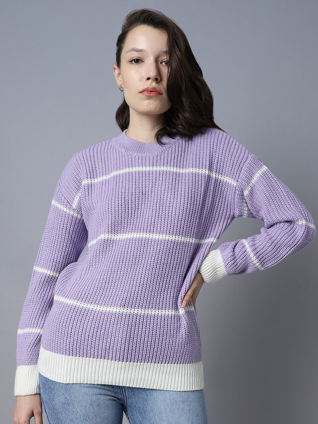 

High Star Striped Round Neck Long Sleeves Acrylic Pullover Sweaters, Purple