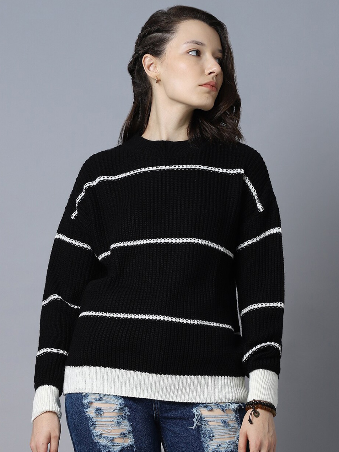 

High Star Striped Round Neck Long Sleeves Acrylic Pullover Sweaters, Black