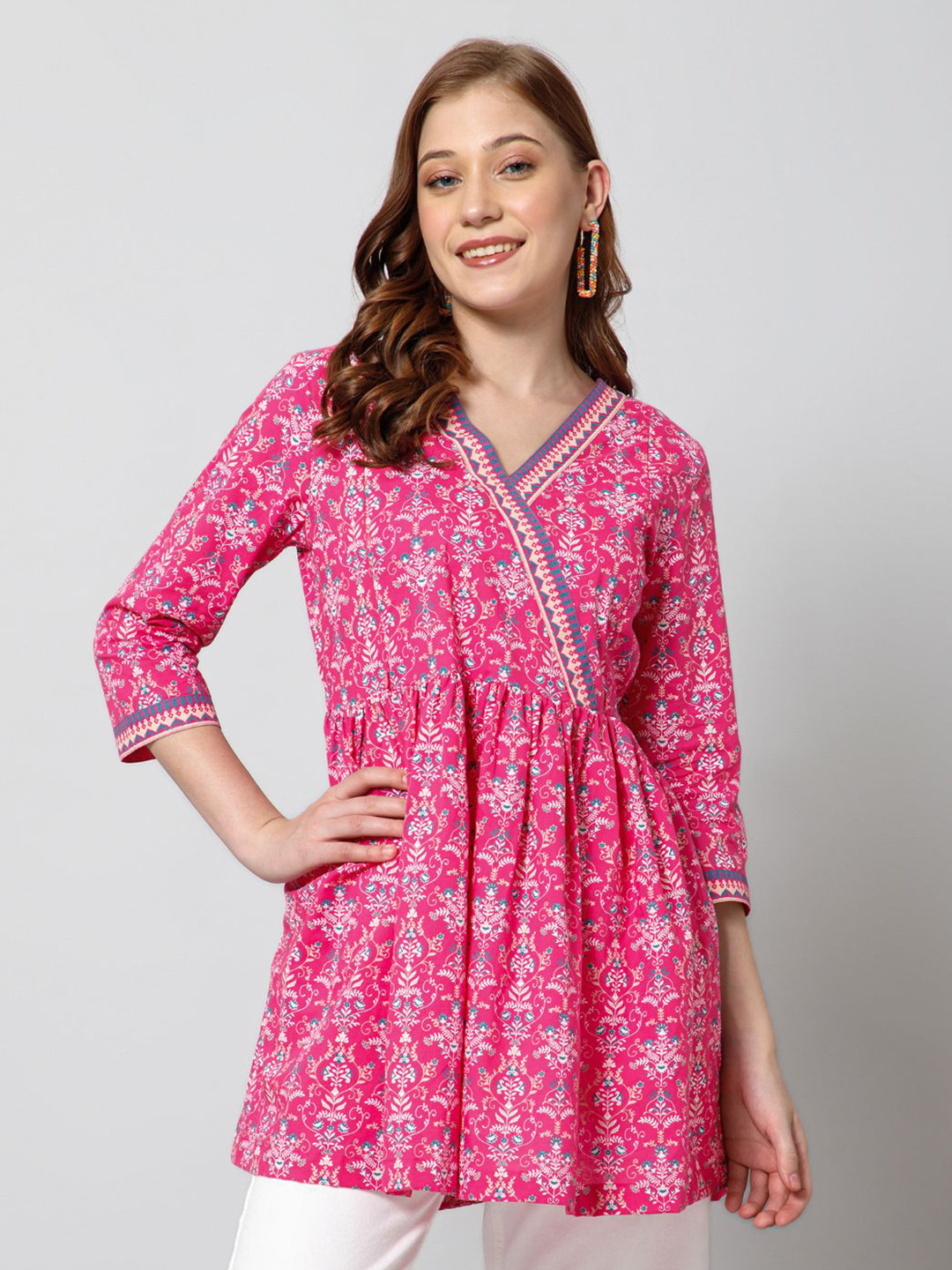 

House Of Zelena Pink Floral Print Cotton Wrap Longline Maternity Top