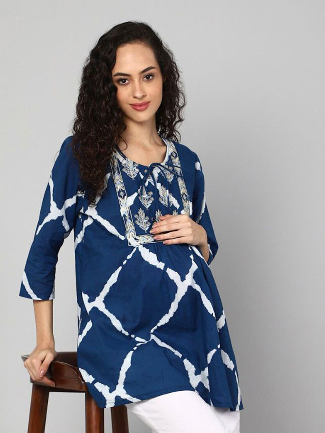 

House Of Zelena Tie & Dye Printed Tie-Up Neck Cotton Maternity Top, Blue