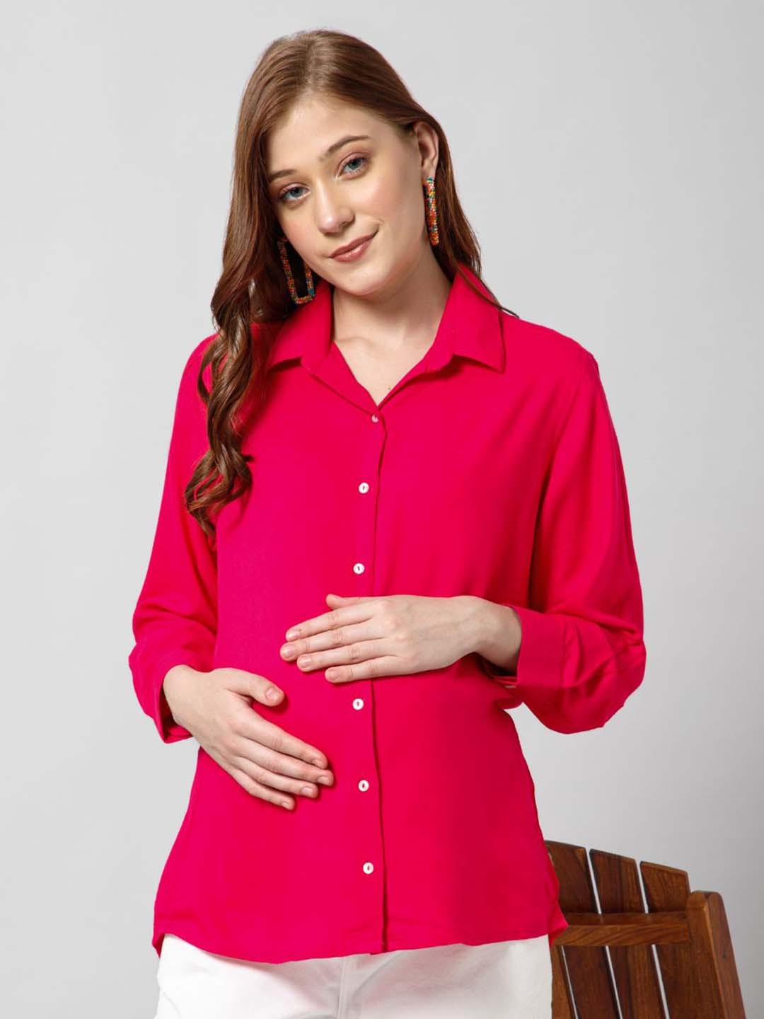 

House Of Zelena Shirt Collar Cuffed Sleeves Maternity Shirt Style Top, Pink
