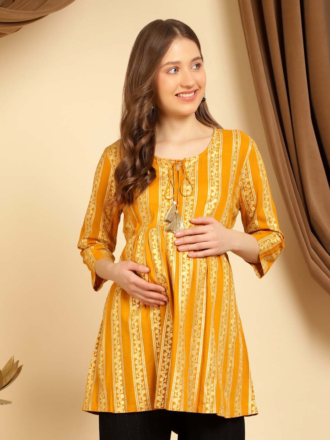 

House Of Zelena Ethnic Motifs Printed Tie-Up Neck Cotton Maternity Longline Top, Yellow